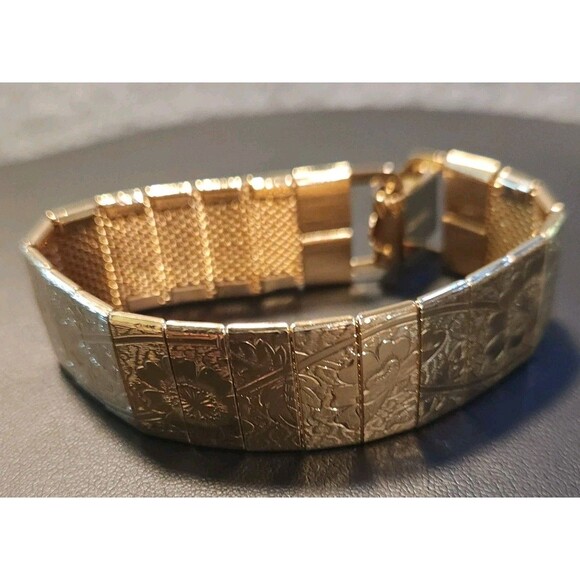 Sarah Coventry "Mural" Floral design Gold tone Panel Bracelet W/ Mesh Back 7.25" - Picture 1 of 4